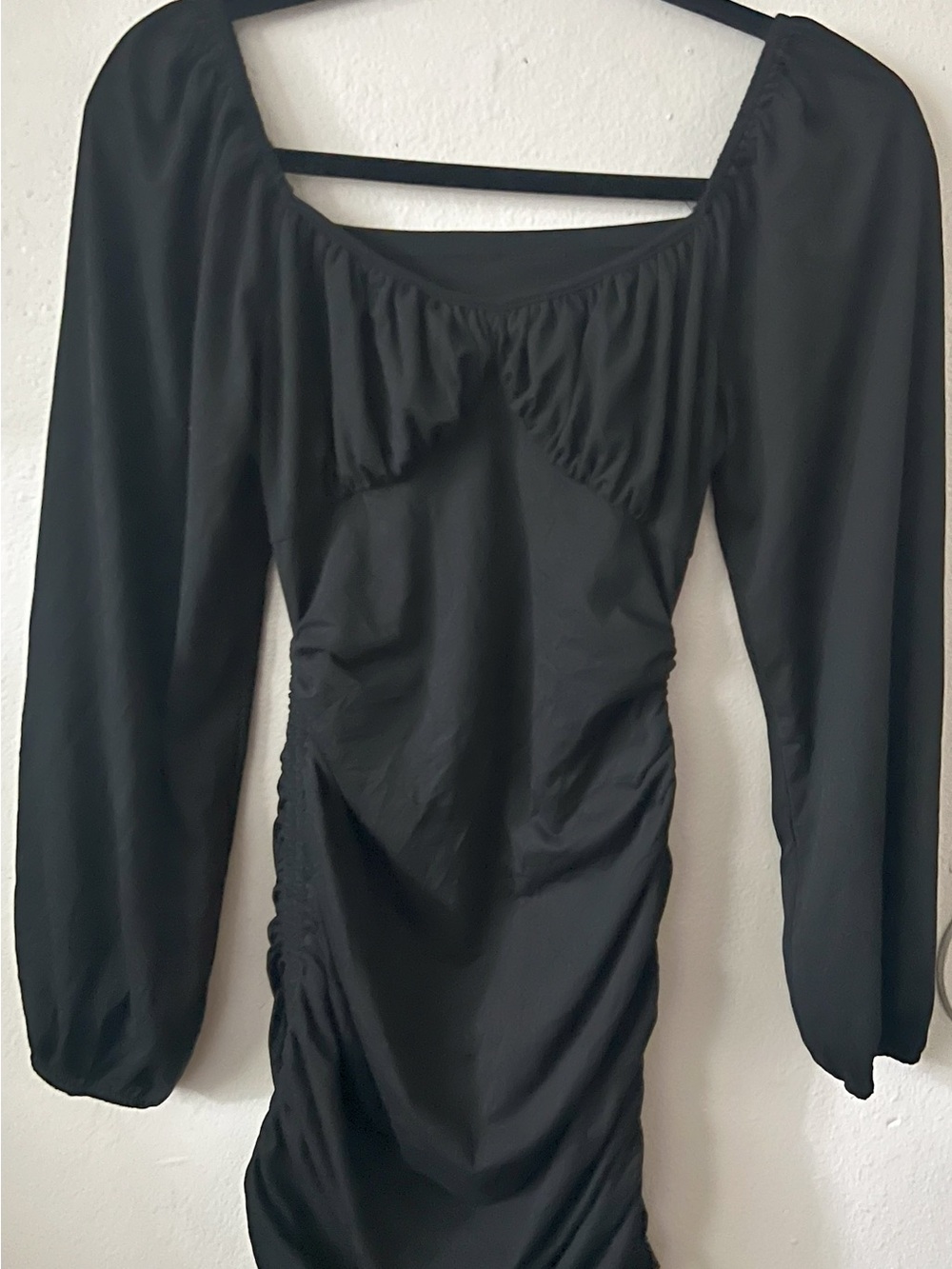 SHEIN Black Long-Sleeve Ruched Scoop-Neck Dress